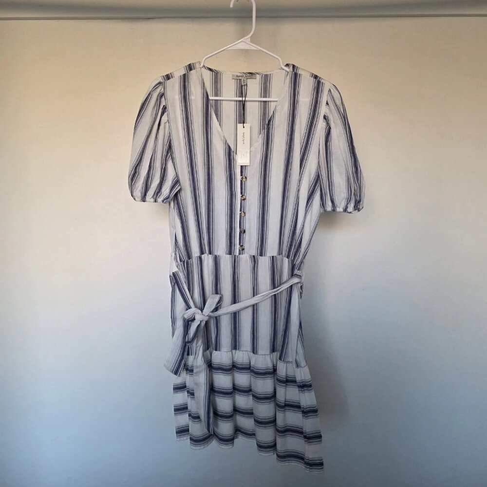 Speed Limit MPH Dress Womens L Blue White Stripe Puff Sleeve Babydoll Tie NWT
